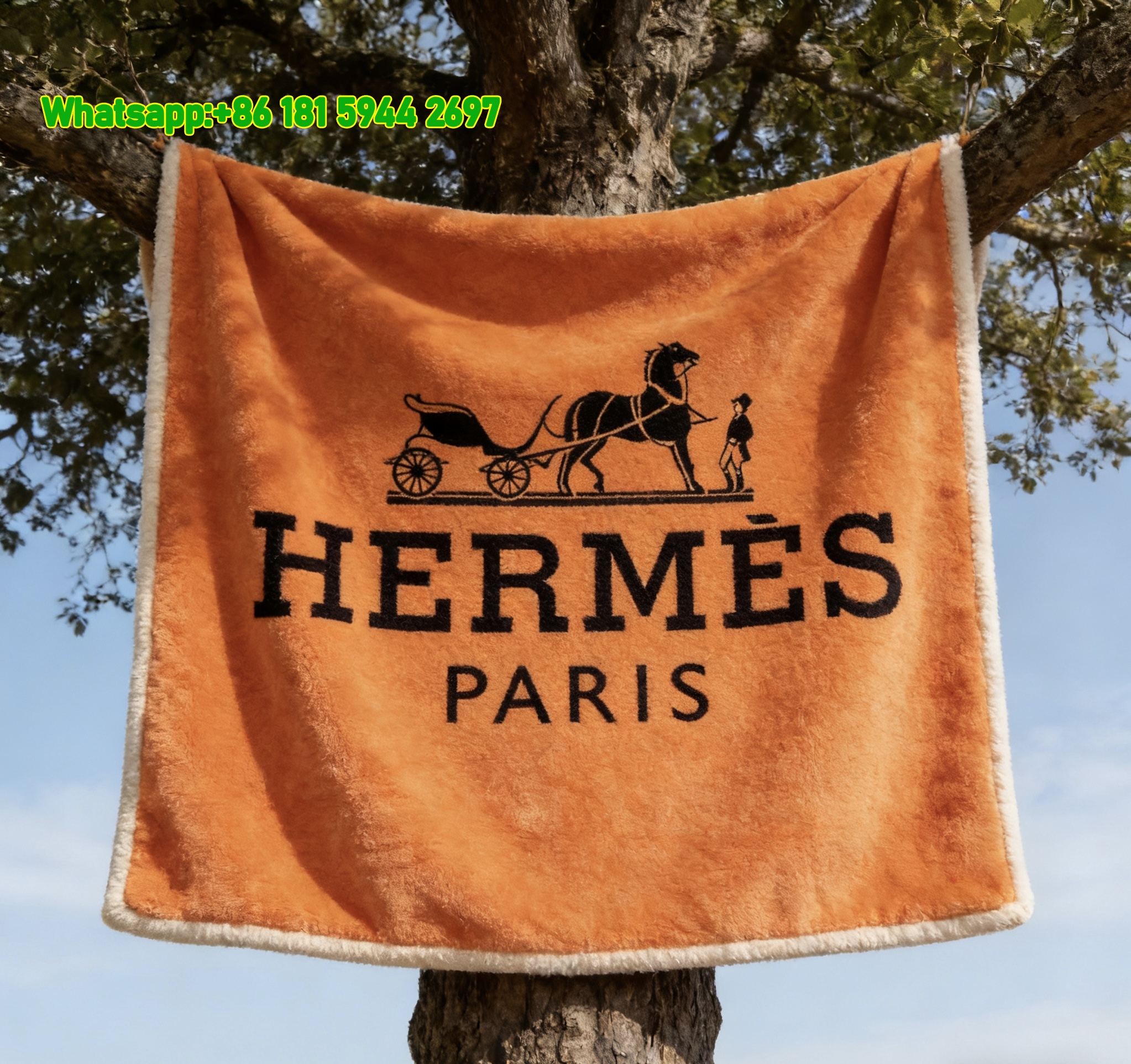 Hermès Classic Orange Horse Carriage Flannel Fleece Throw Blanket IMG_4949